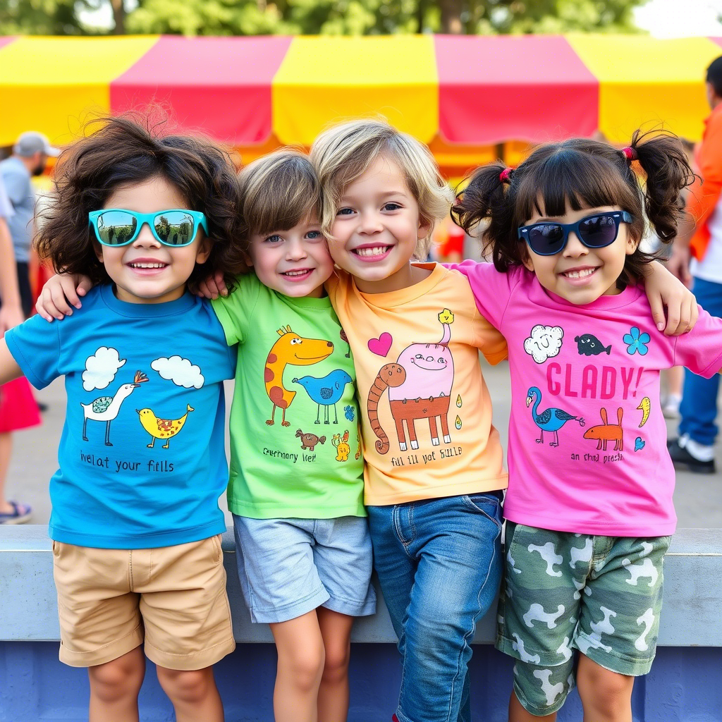 Colorful kids’ shirts with playful illustrations for a fun outing