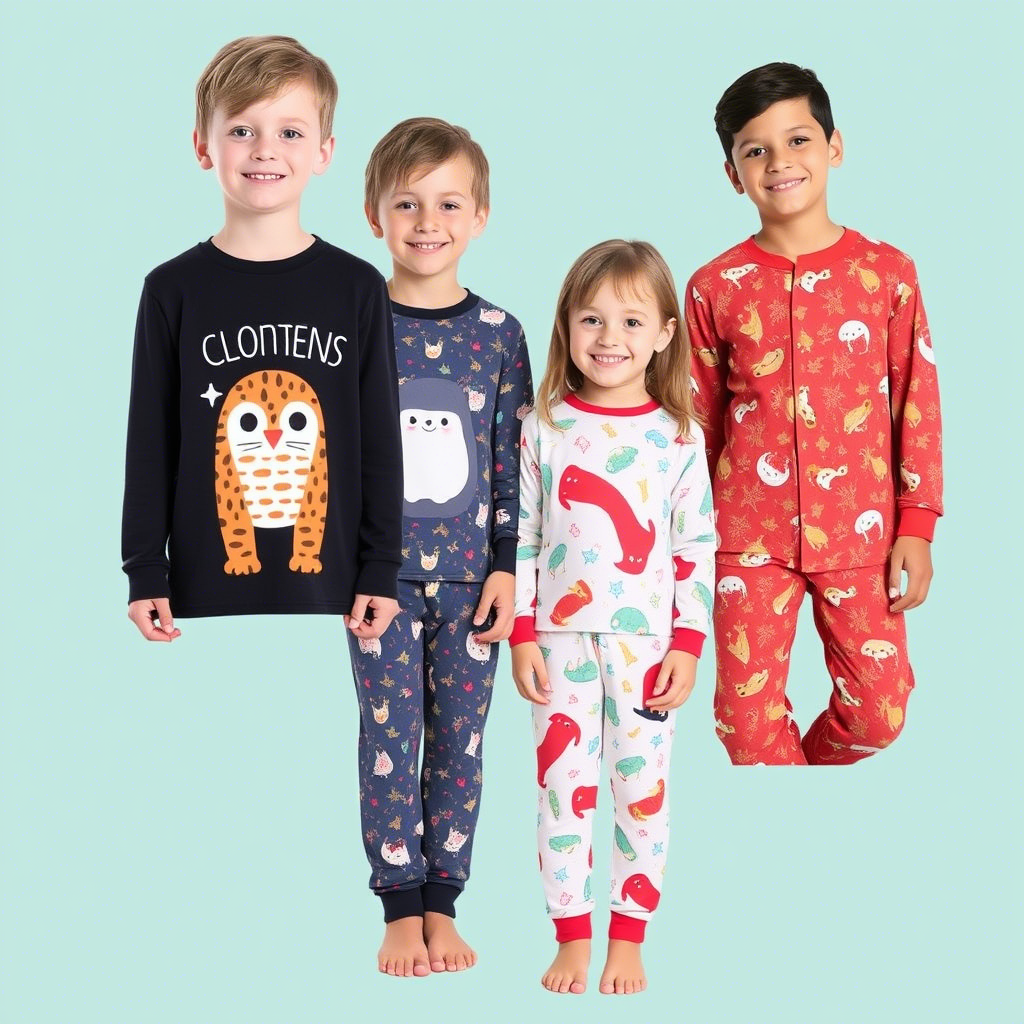 Colorful, patterned pajamas for boys and girls, showcasing various designs