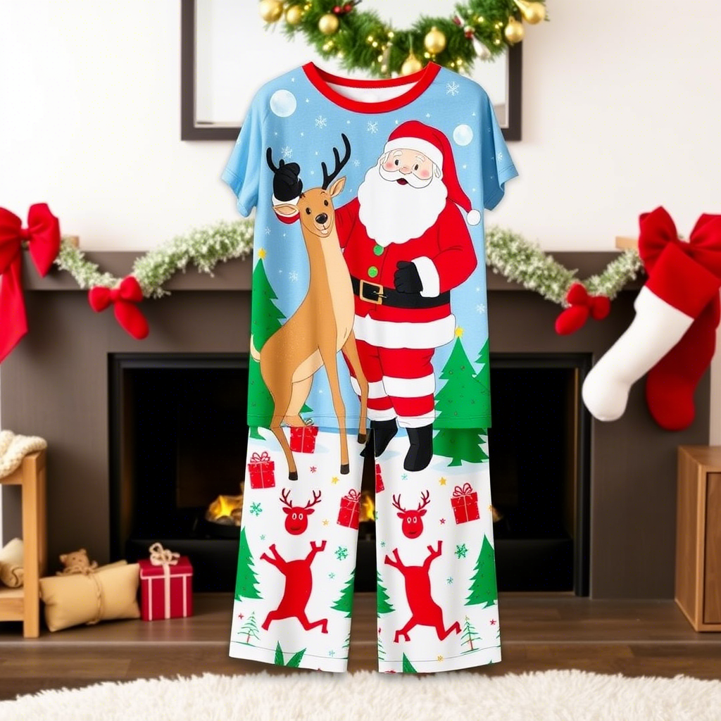 Colorful reindeer and Santa Claus on kids’ Christmas wholesale PJs