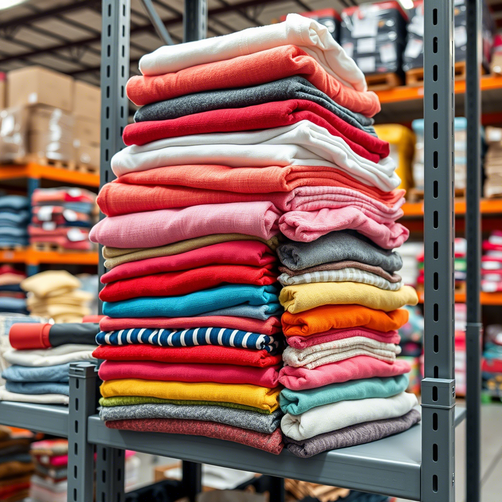 Colorful stack of children’s clothing on a distributor’s warehouse shelf