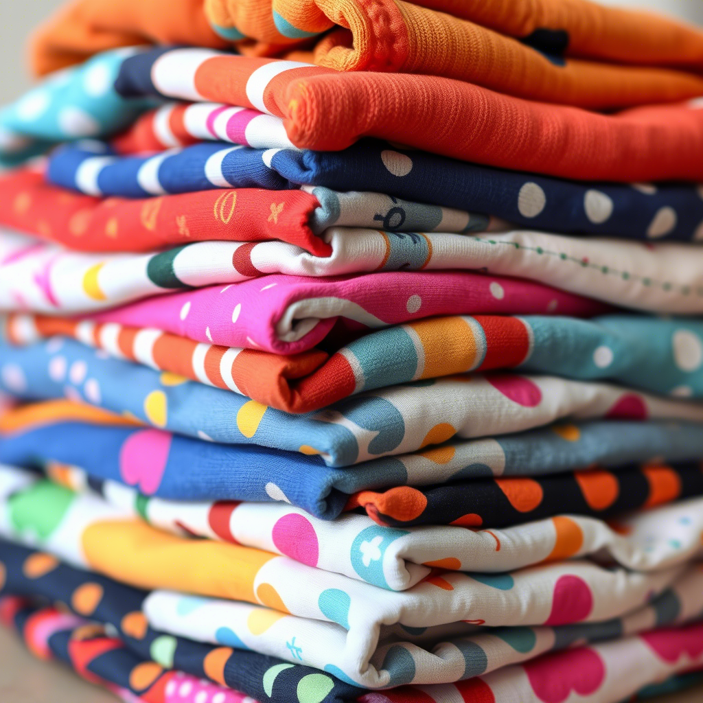 Colorful stack of folded children’s clothing with various patterns and textures