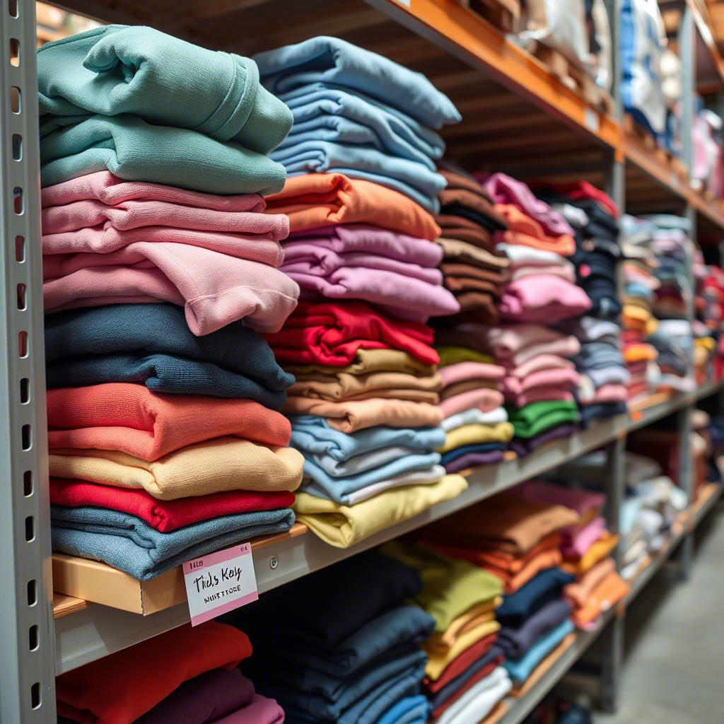 Colorful stack of kids clothing on a distributor’s warehouse shelf