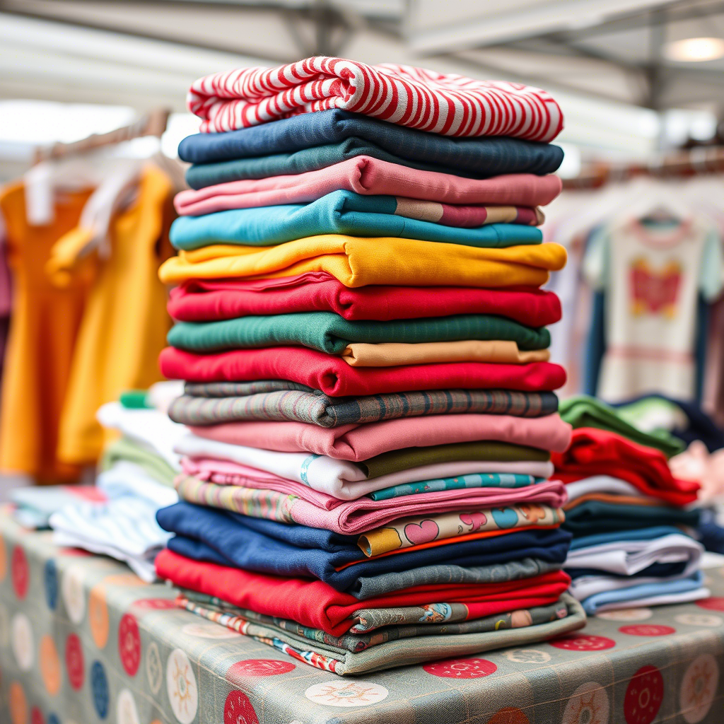 Colorful stack of kids’ clothing on a vendor’s table