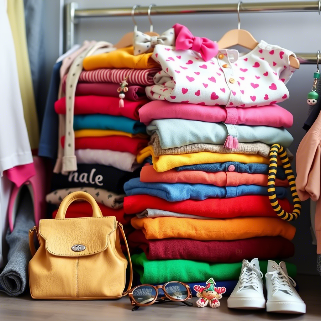 Colorful stack of kids clothing with fashion accessories nearby