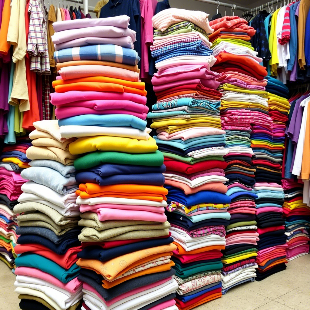 Colorful stacks of clothing at a wholesale store for kids and adults