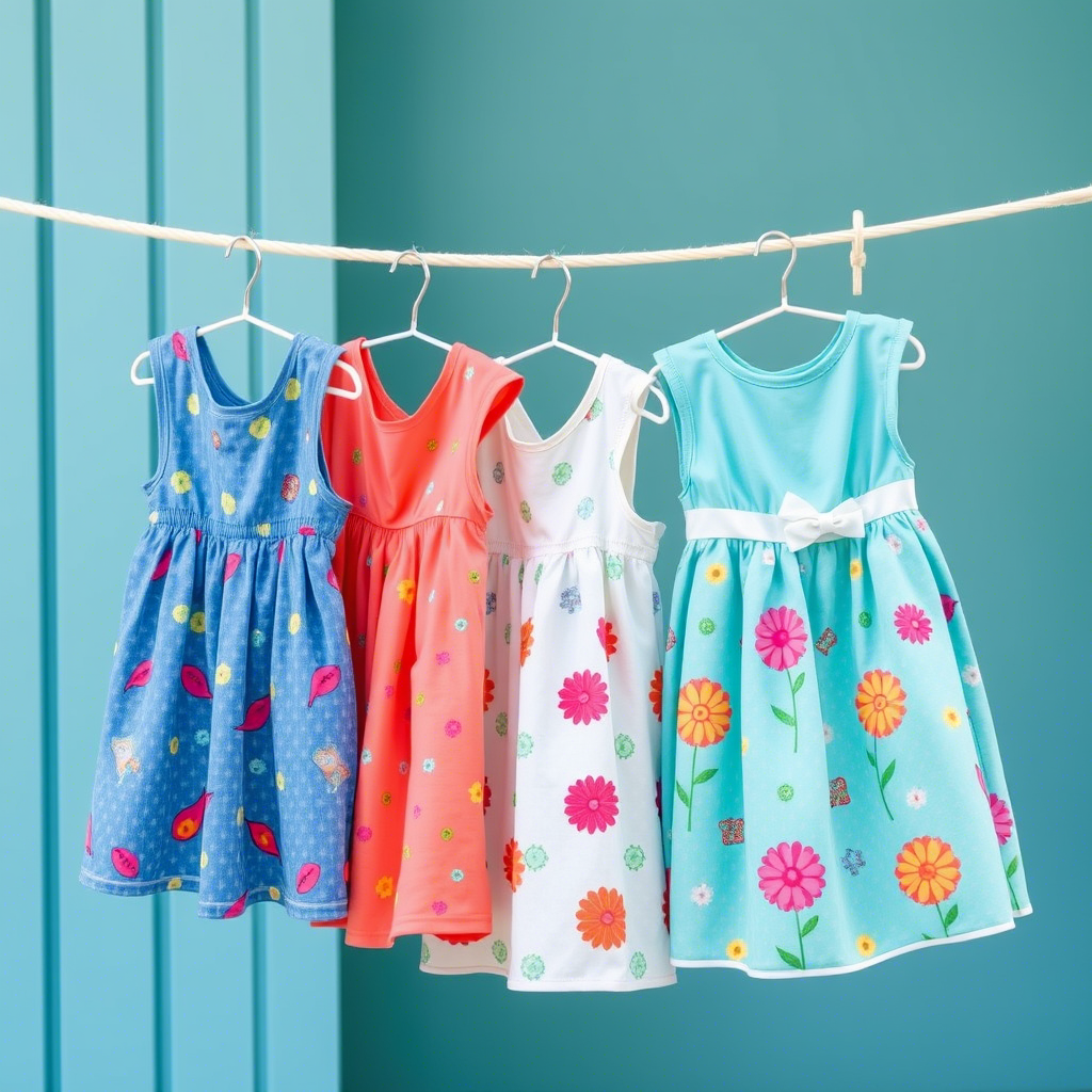 Colorful toddler dresses hanging on a clothesline