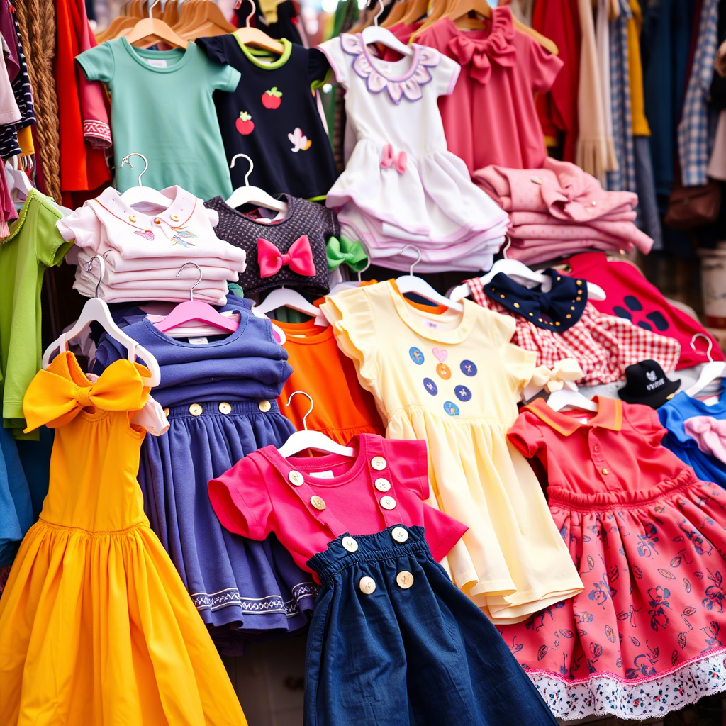 Colorful toddler girl’s clothing laid out on a market stall