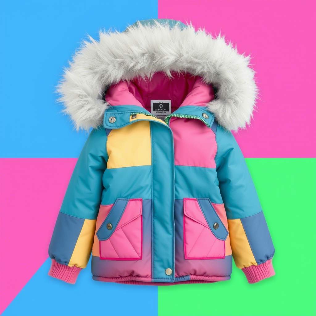 Colorful toddler girl’s parka with faux fur trim and hood