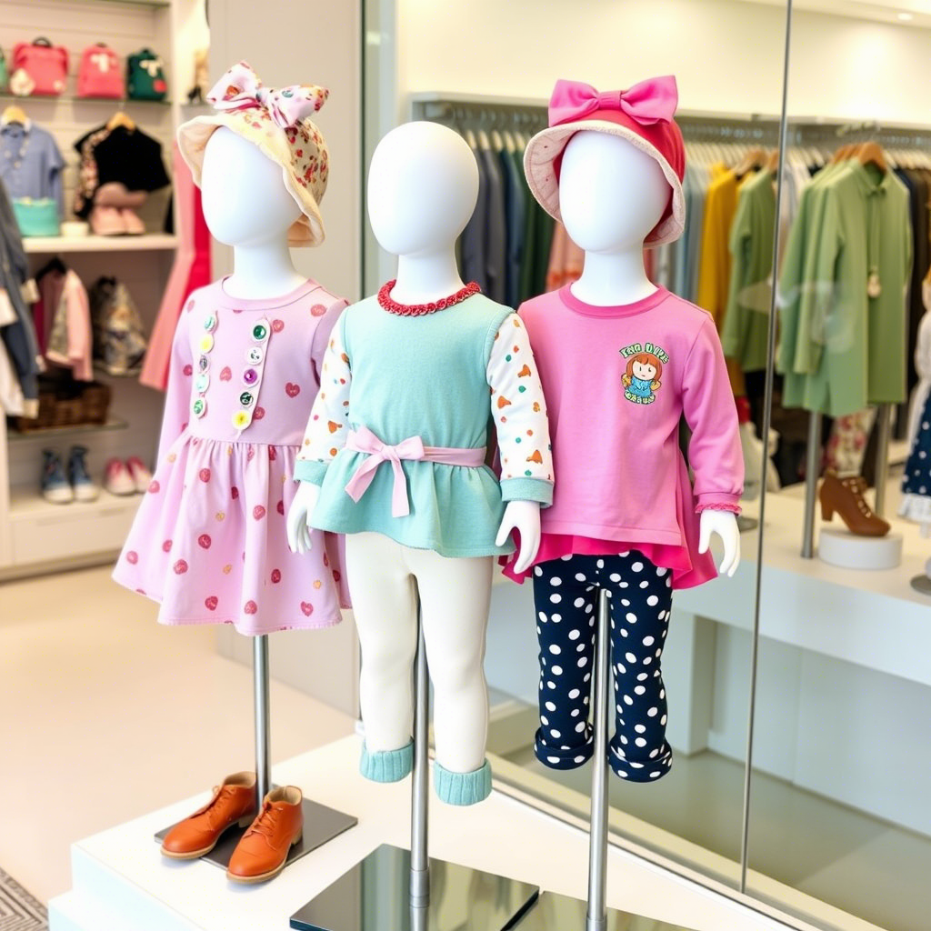Colorful toddler outfits displayed on a boutique mannequin