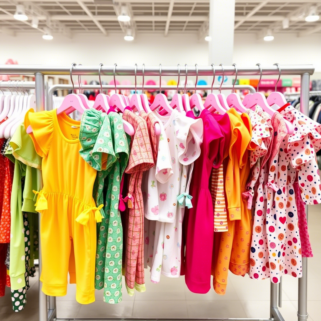 Colorful toddler outfits hanging on a clothing rack in a wholesale store