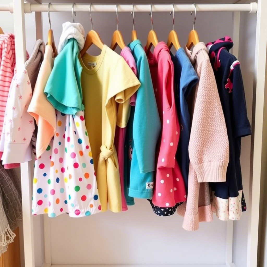 Colorful toddler outfits hanging on clothing rack