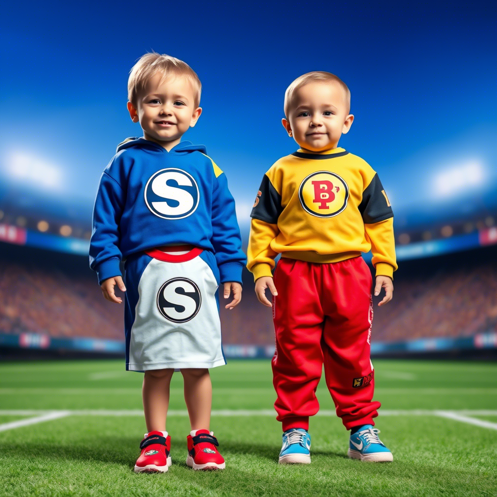Colorful toddler outfits with supplier logos displayed