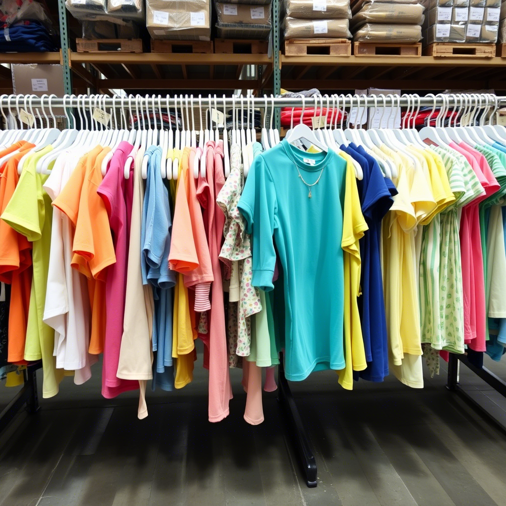Colorful wholesale children’s clothing hanging on racks in a warehouse