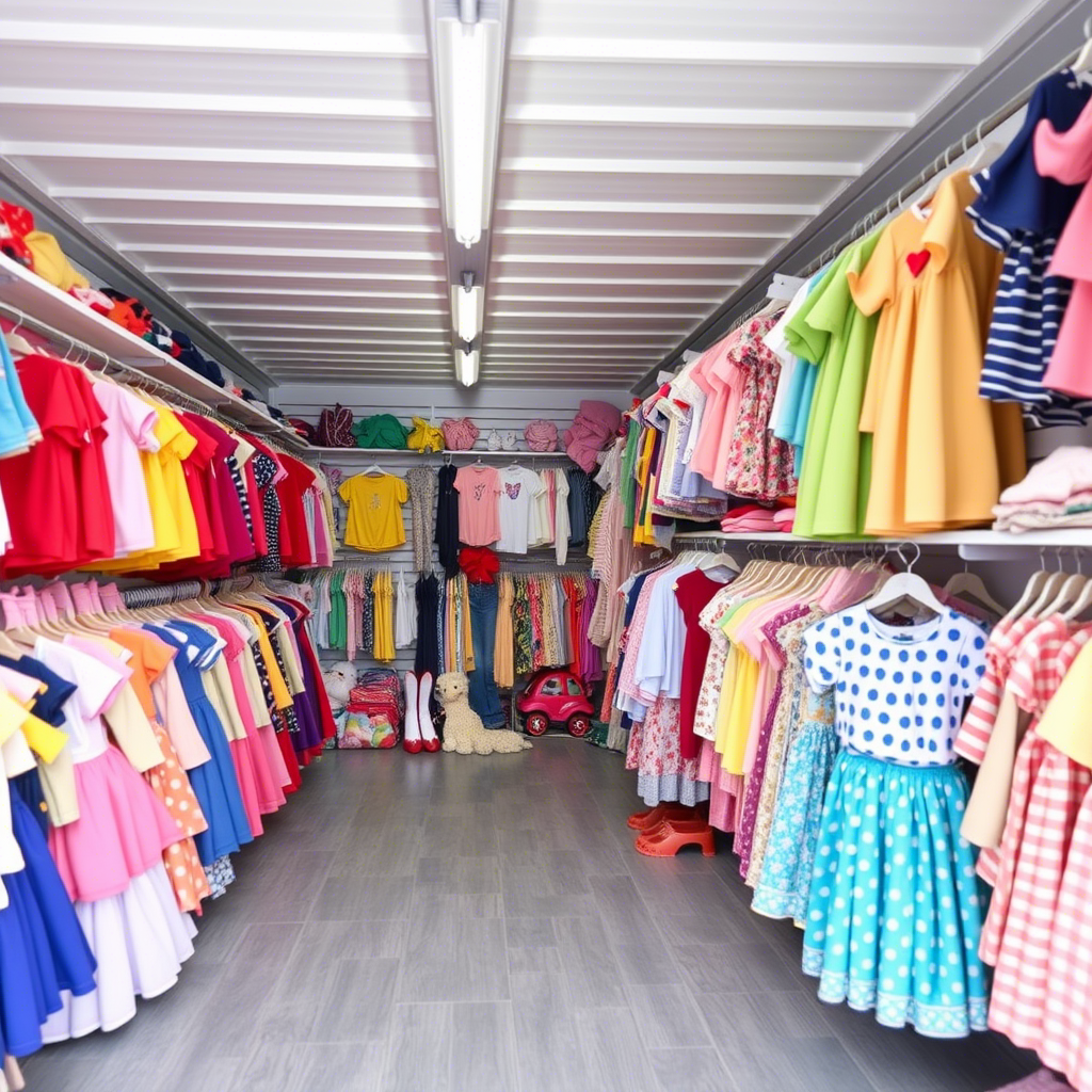 Colorful wholesale children’s clothing suppliers in a US storage facility