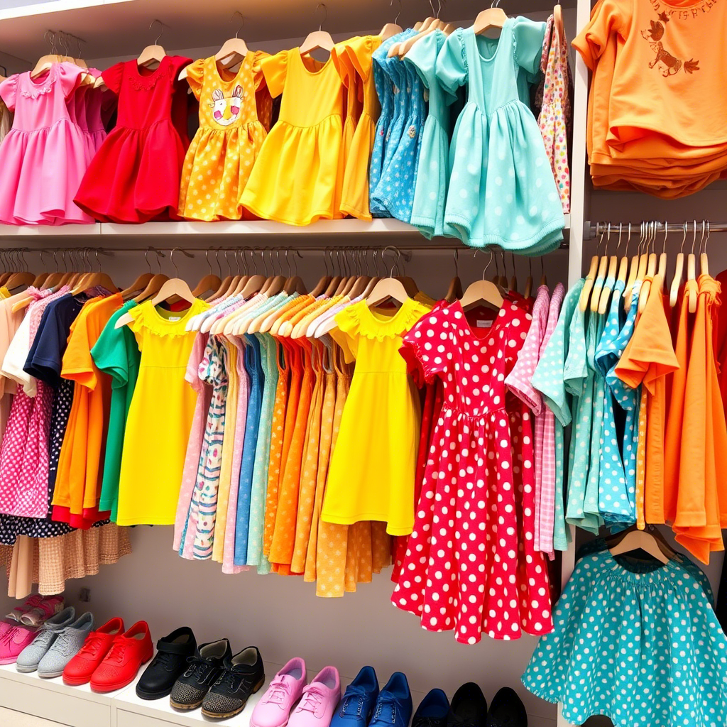 Colorful wholesale childrenswear arranged on shelves in a store