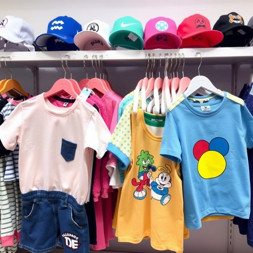 Colorful wholesale kids apparel displayed on a rack for boys and girls