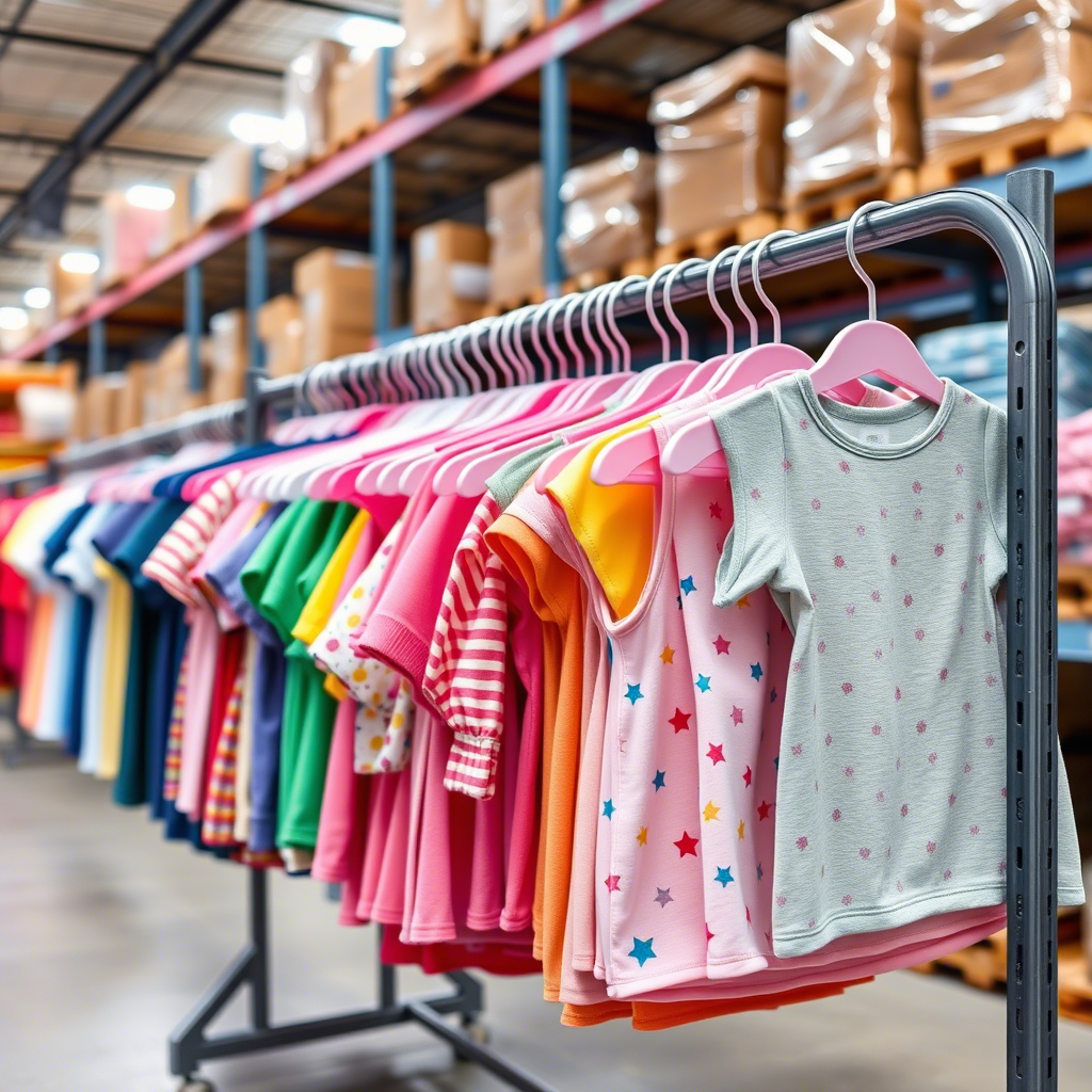Colorful wholesale kids apparel hanging on a rack in a warehouse
