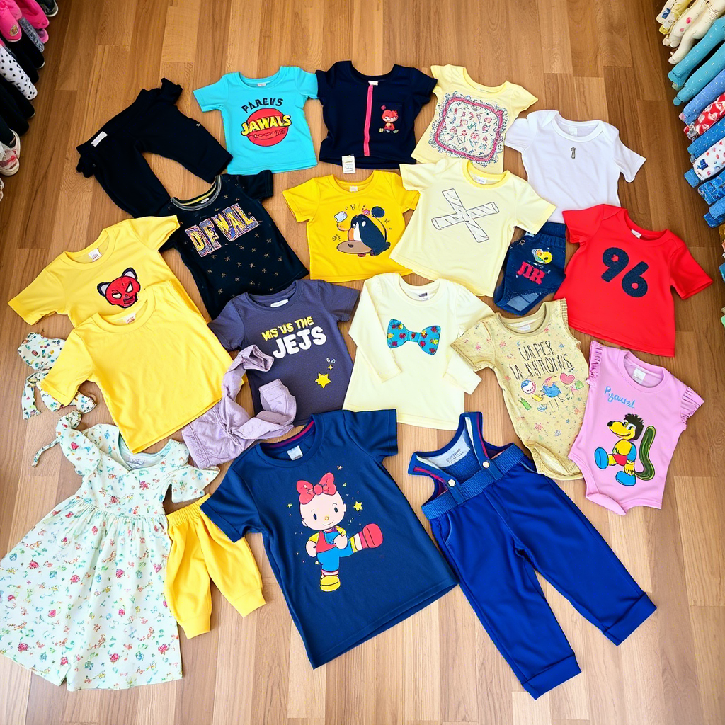 Colorful wholesale kids’ apparel spread on a wooden floor