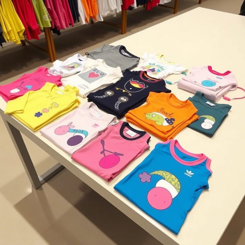 Colorful wholesale kids clothing laid out on a table display