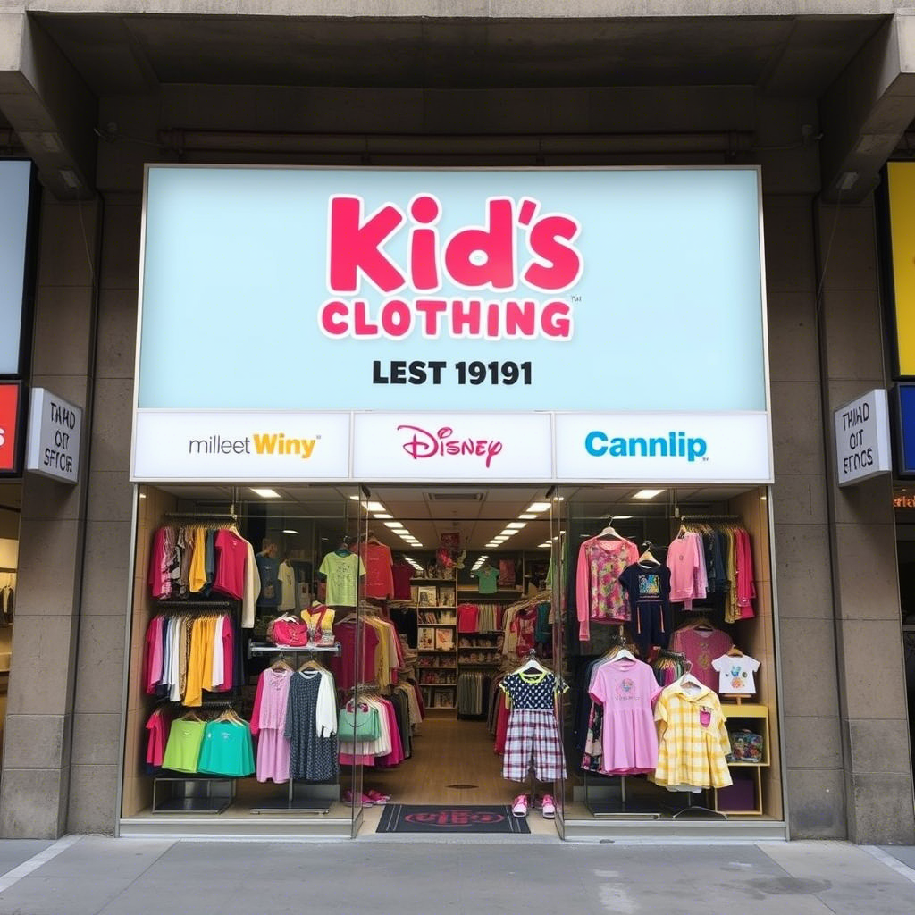Colorful wholesale kids clothing storefront with brand displays