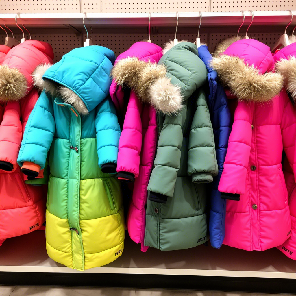Colorful winter coats for kids displayed on a store shelf