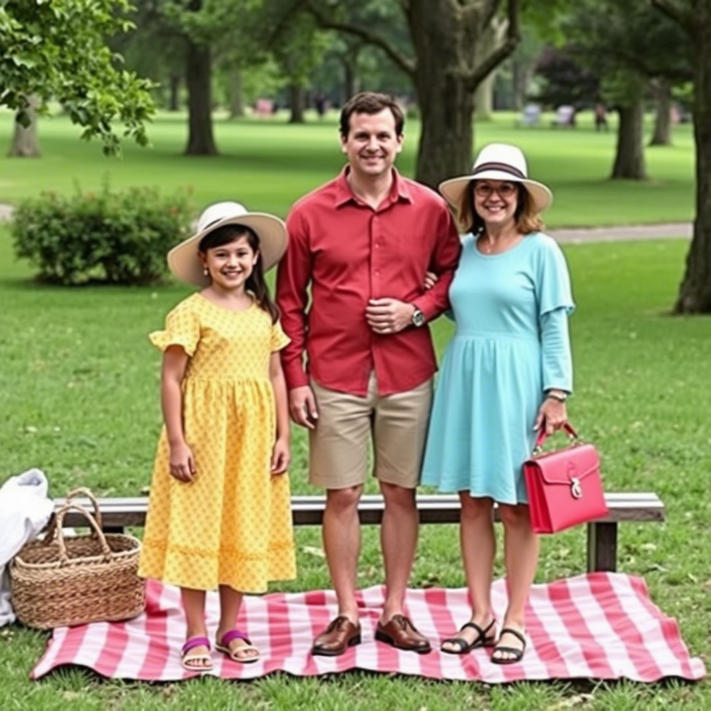 Coordinated family fashion with pastel colors at a park picnic