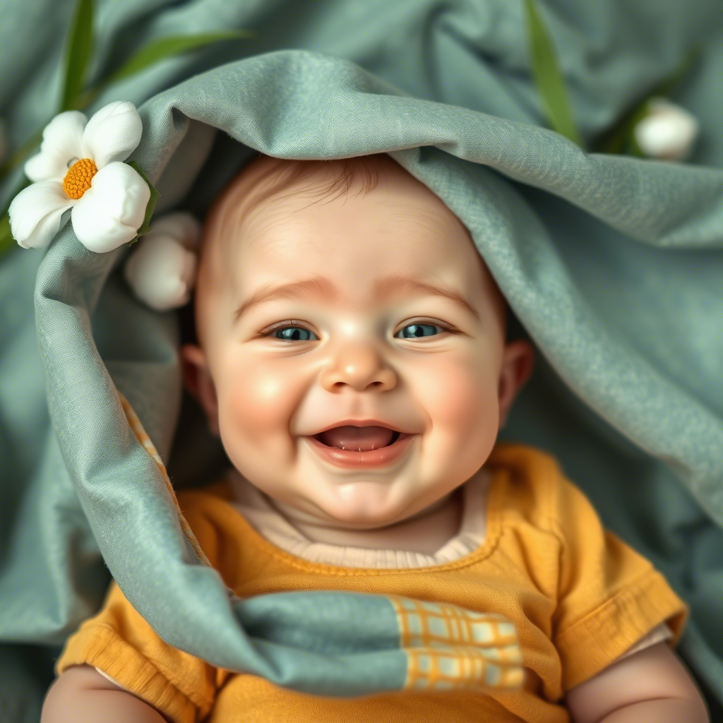 Cotton and bamboo fabric textures with baby’s smile