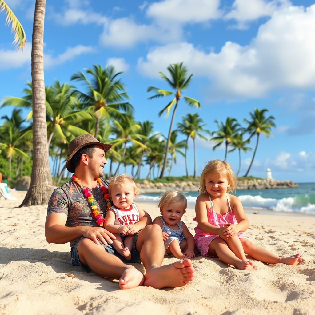Couple and kids relaxing on Waikiki beach with palm trees