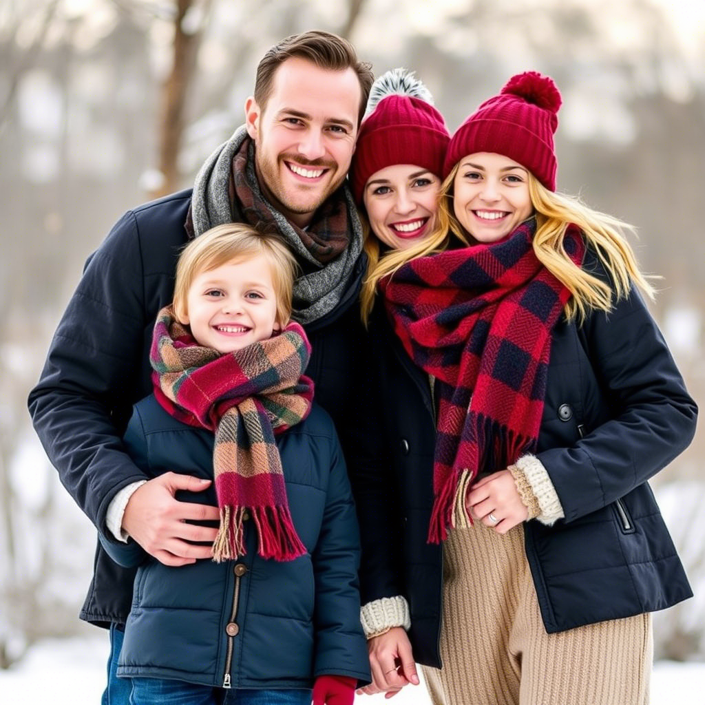 Couple and kids wearing coordinating winter outfits with festive scarves