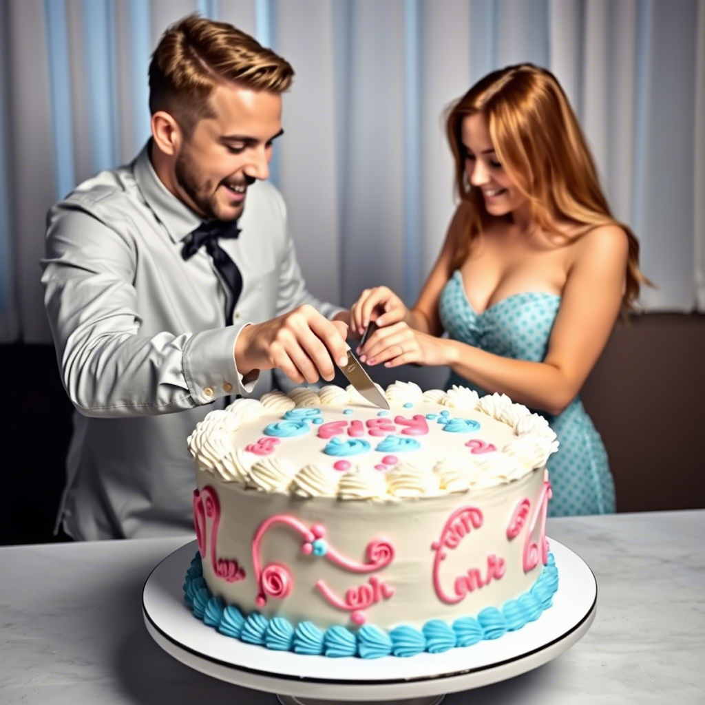 “Couple cutting cake to reveal baby’s sex with pink and blue frosting”