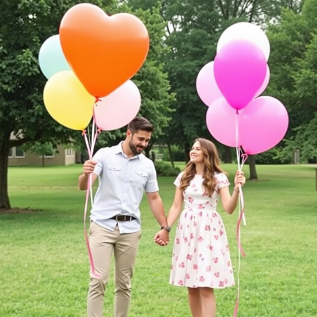 Couple holding balloons for surprise gender reveal