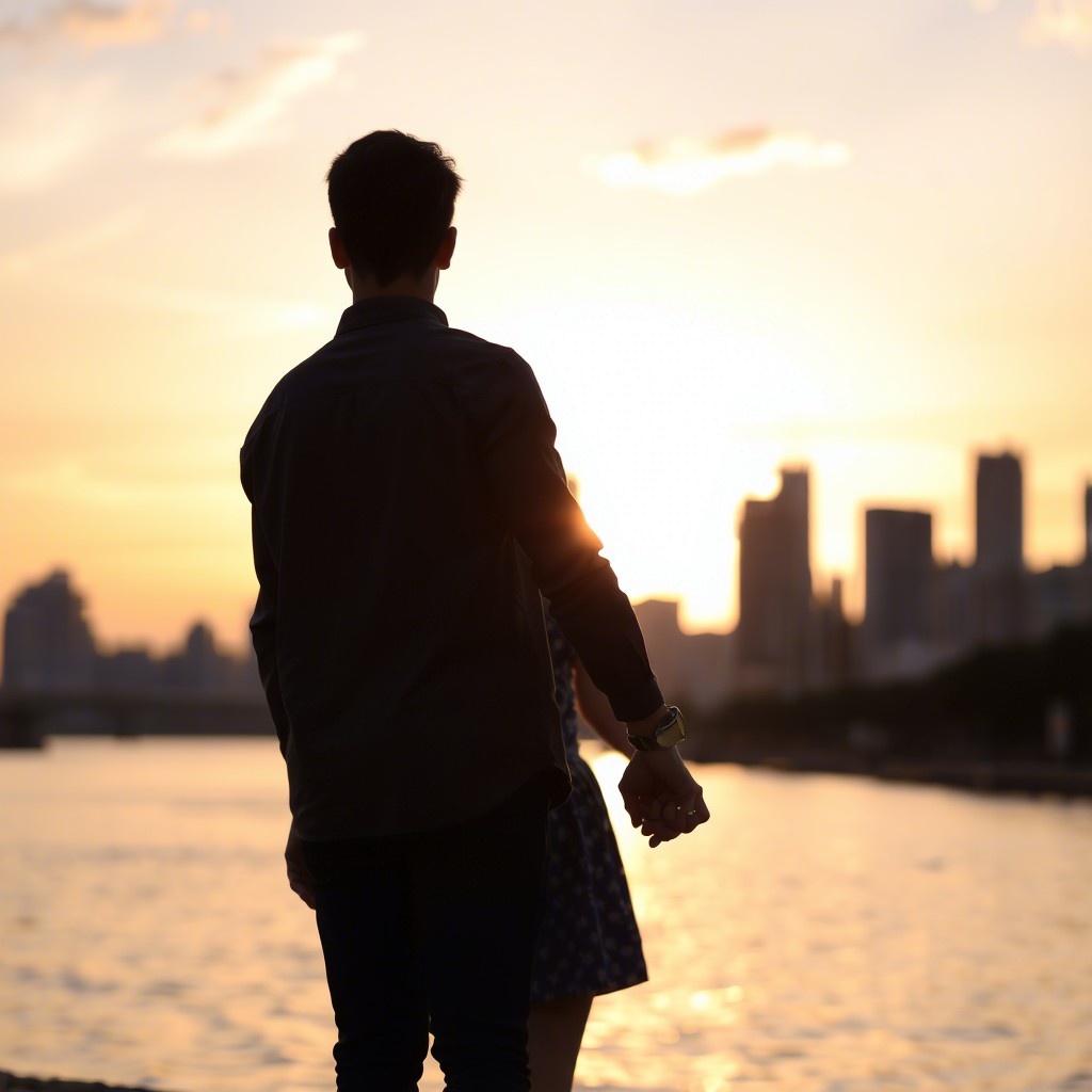 Couple holding hands with cityscape at sunset background