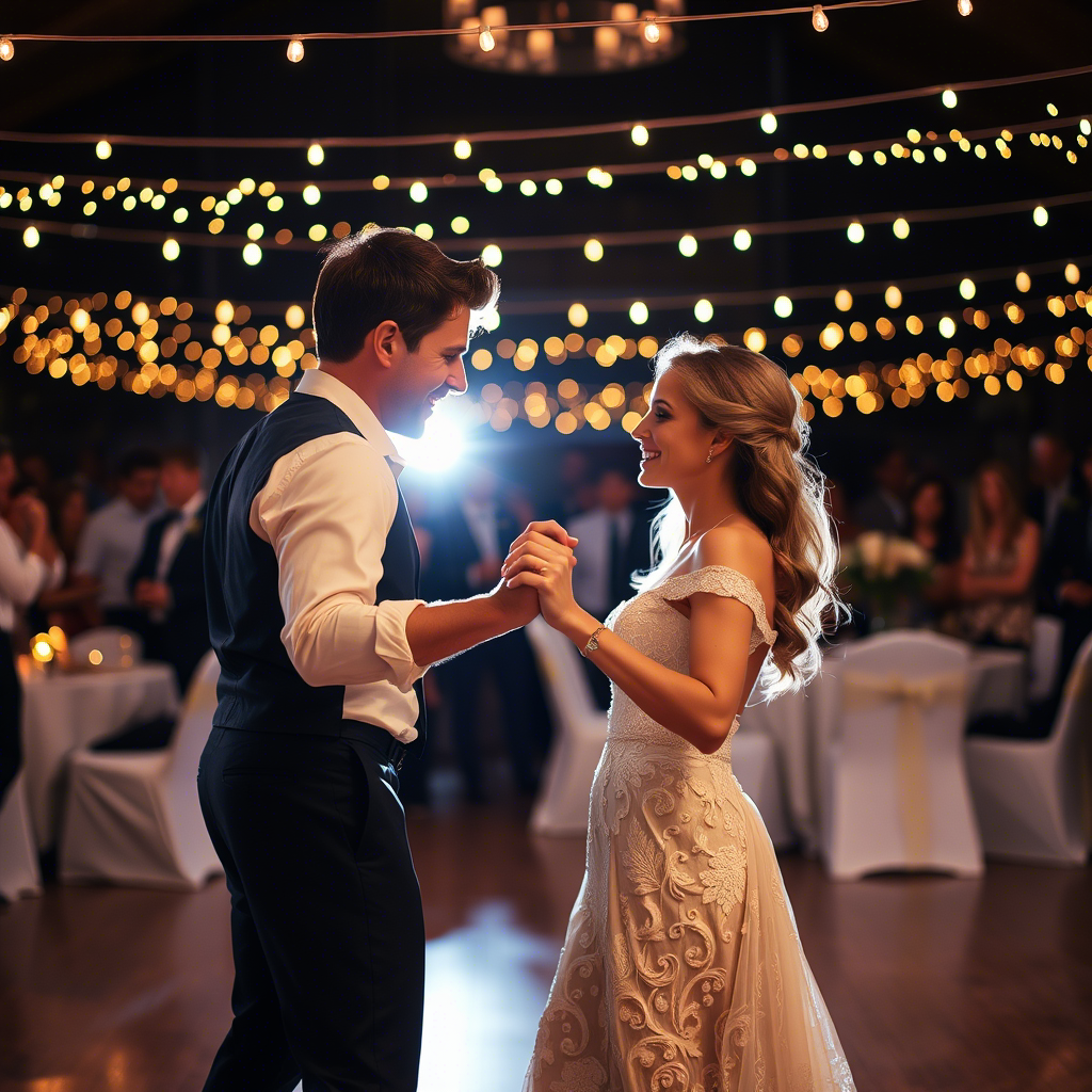 Couple’s dance floor under twinkling string lights