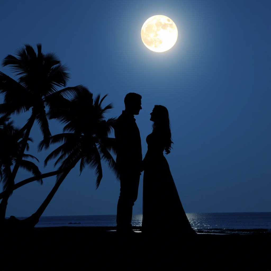Couple’s silhouette on a romantic moonlit beach with palm trees