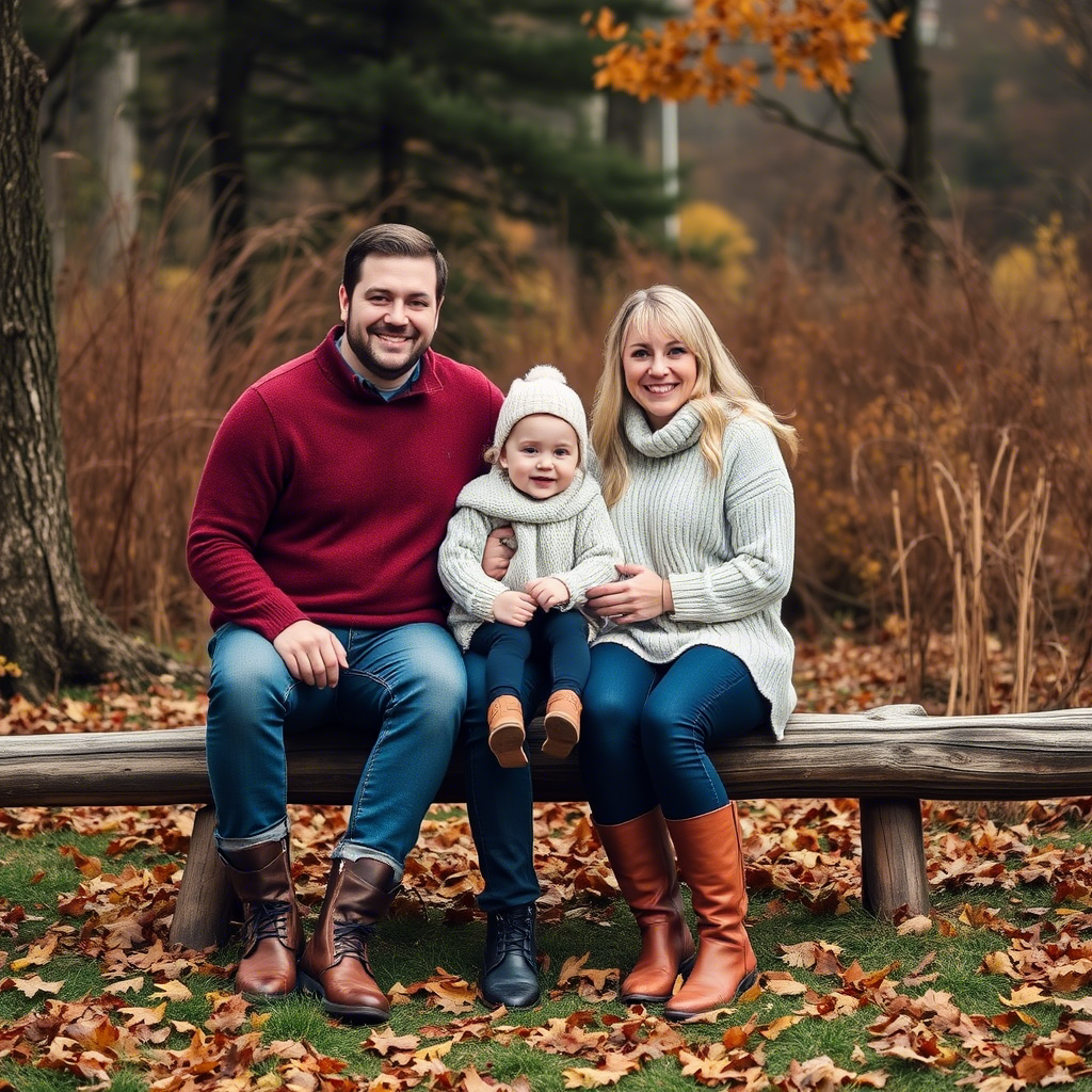 Cozy autumn family photoshoot with warm sweaters and boots