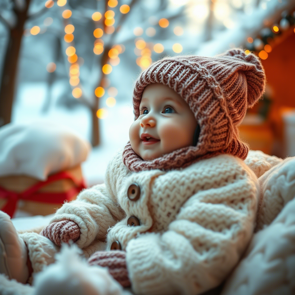 Cozy baby in Lezonkidss soft winter clothing enjoying a winter wonderland scene