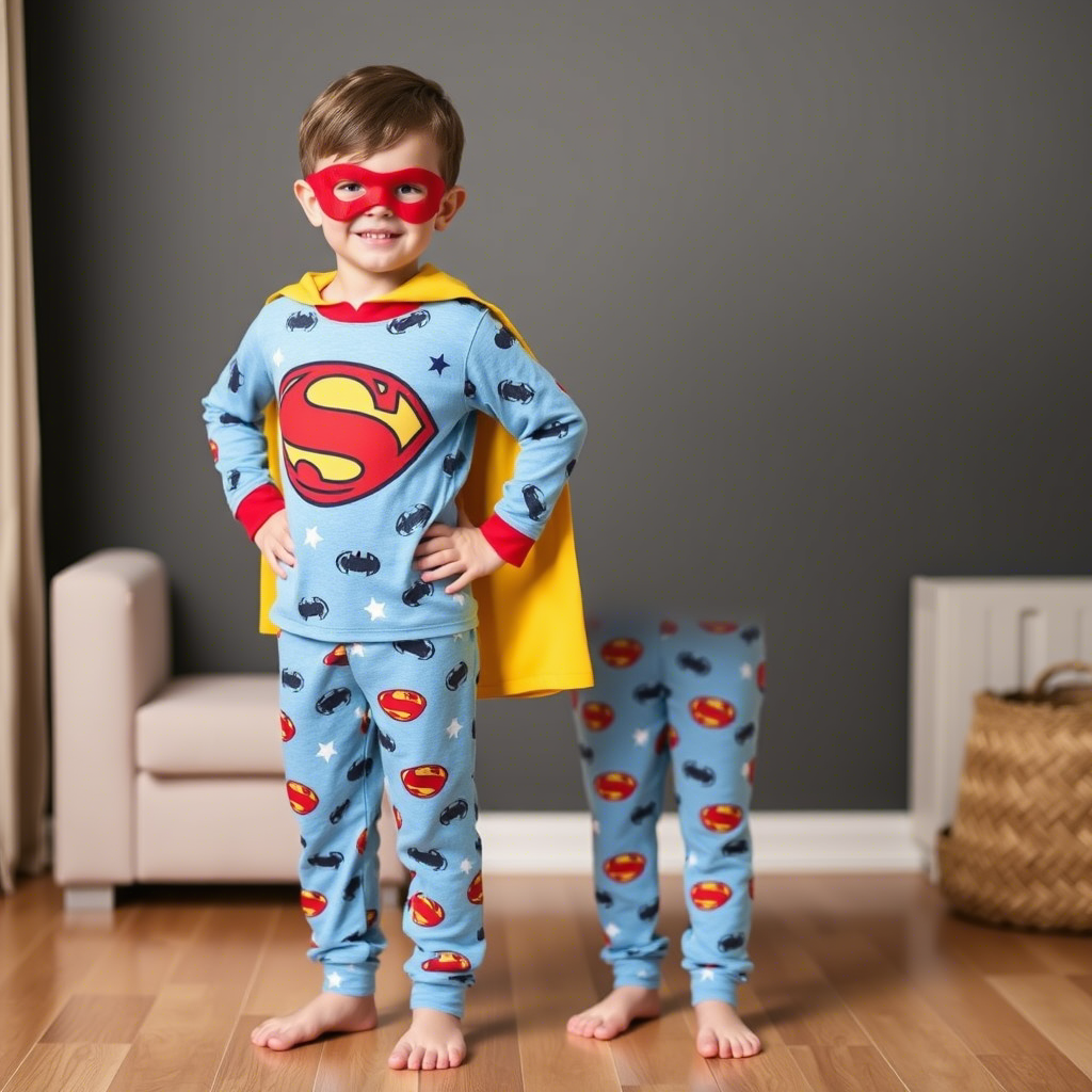 Cozy boy’s superhero pajama set with matching cape and mask design