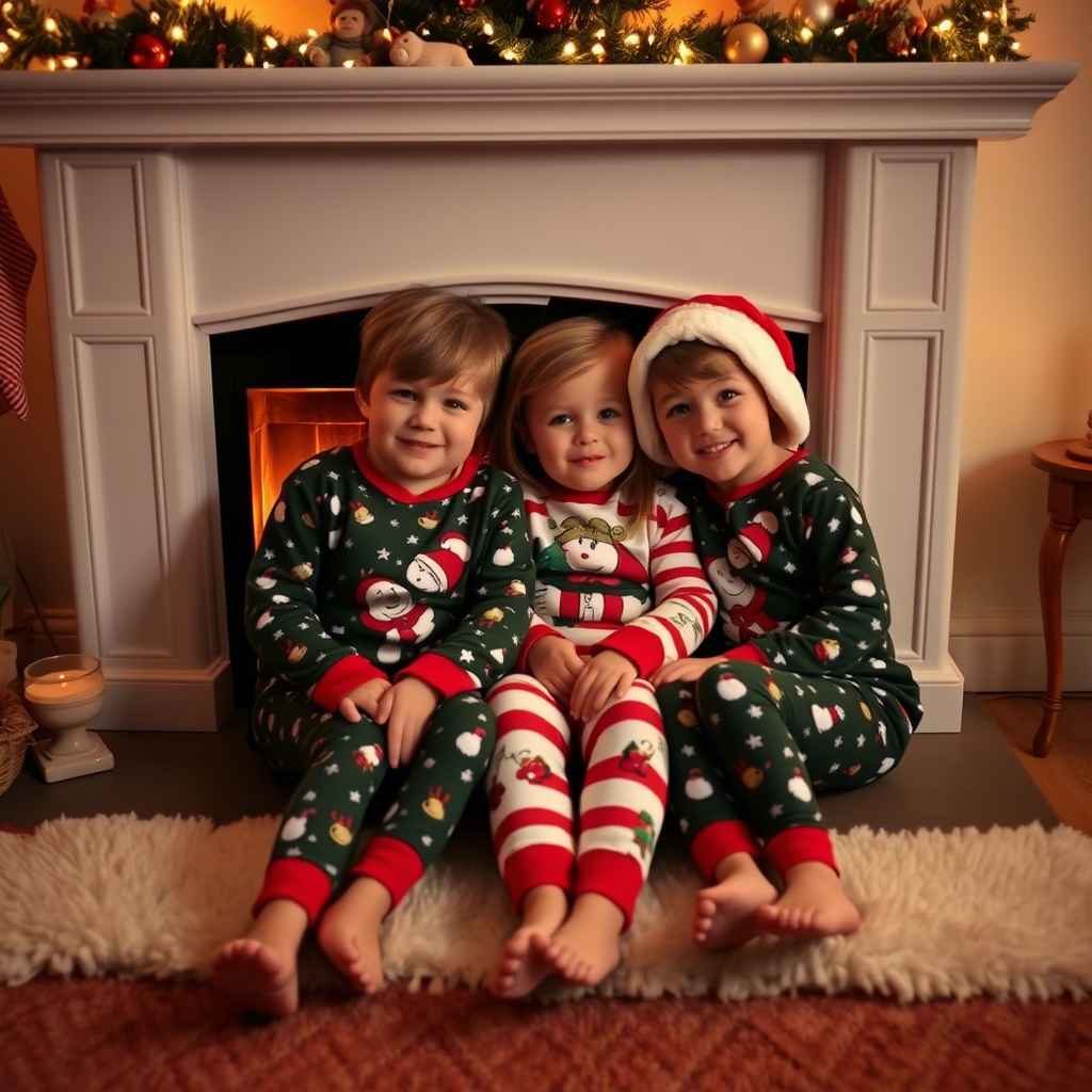 Cozy children snuggled up by fireplace in matching holiday sleepwear
