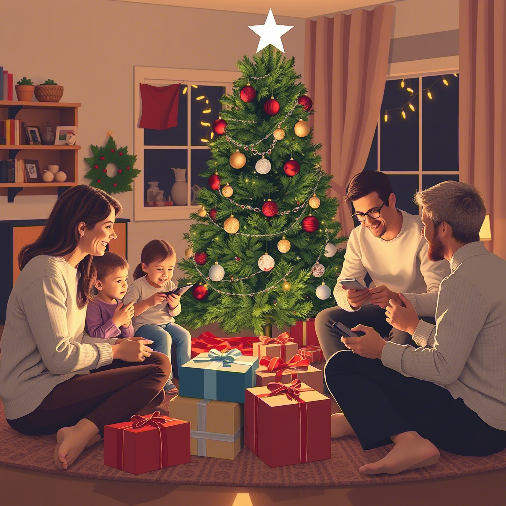 Cozy family gathering around Christmas tree with gifts