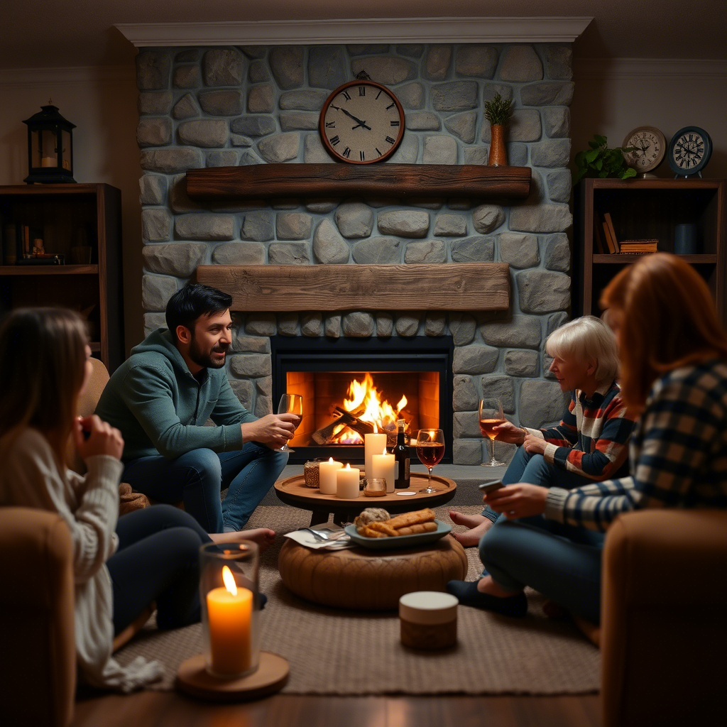 Cozy family gathering at home with warm fireplace ambiance