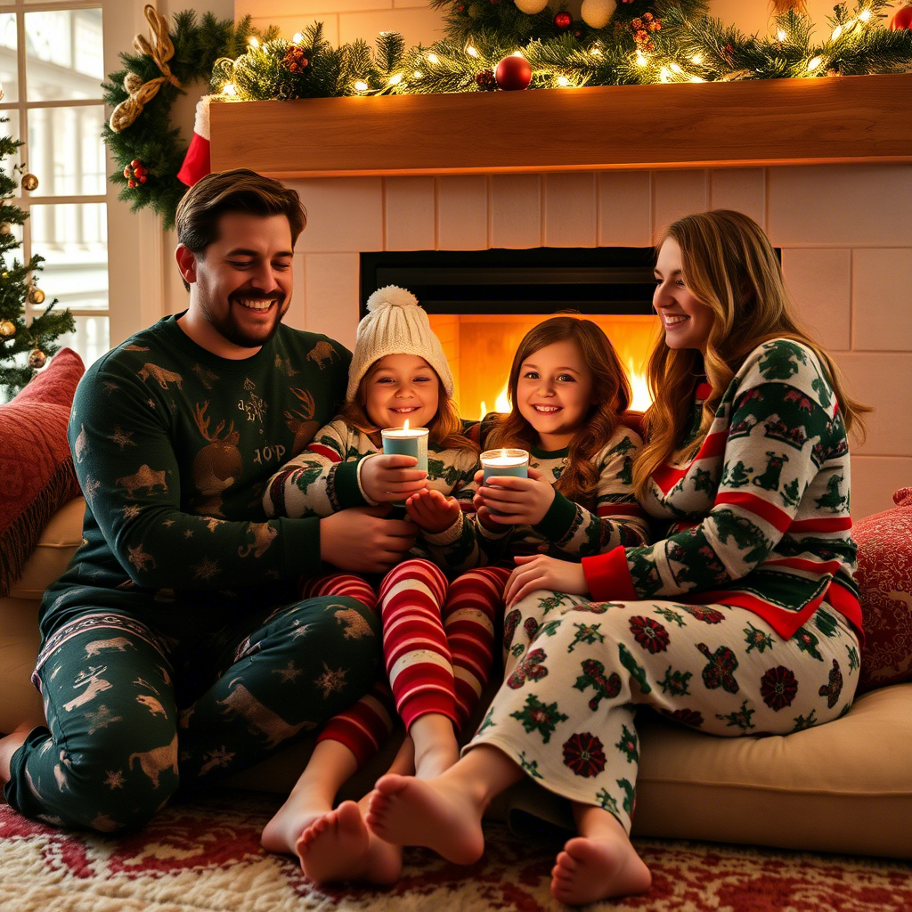 Cozy family in festive holiday pajamas, snuggled by the fireplace