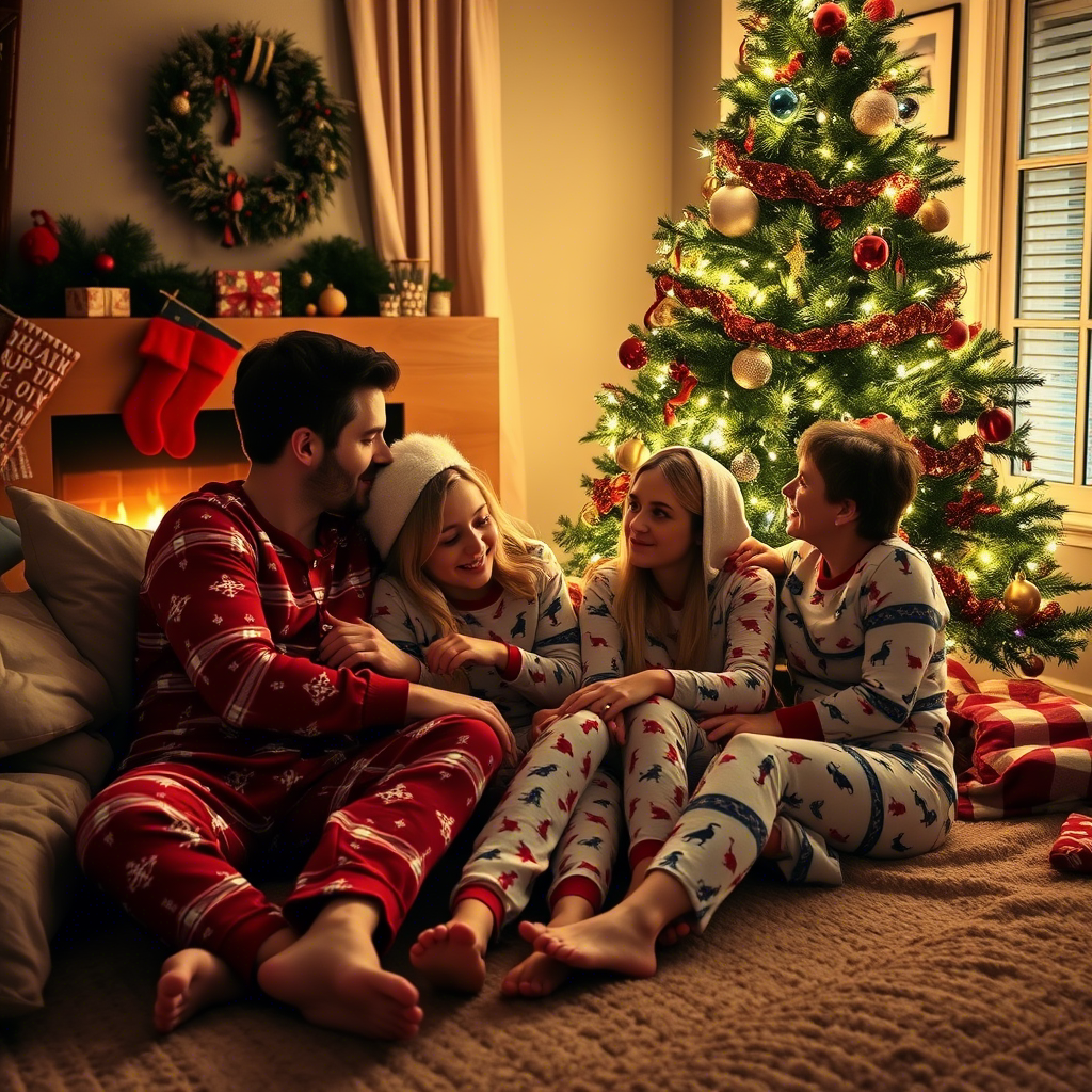 Cozy family in festive PJs, snuggled up by Christmas tree