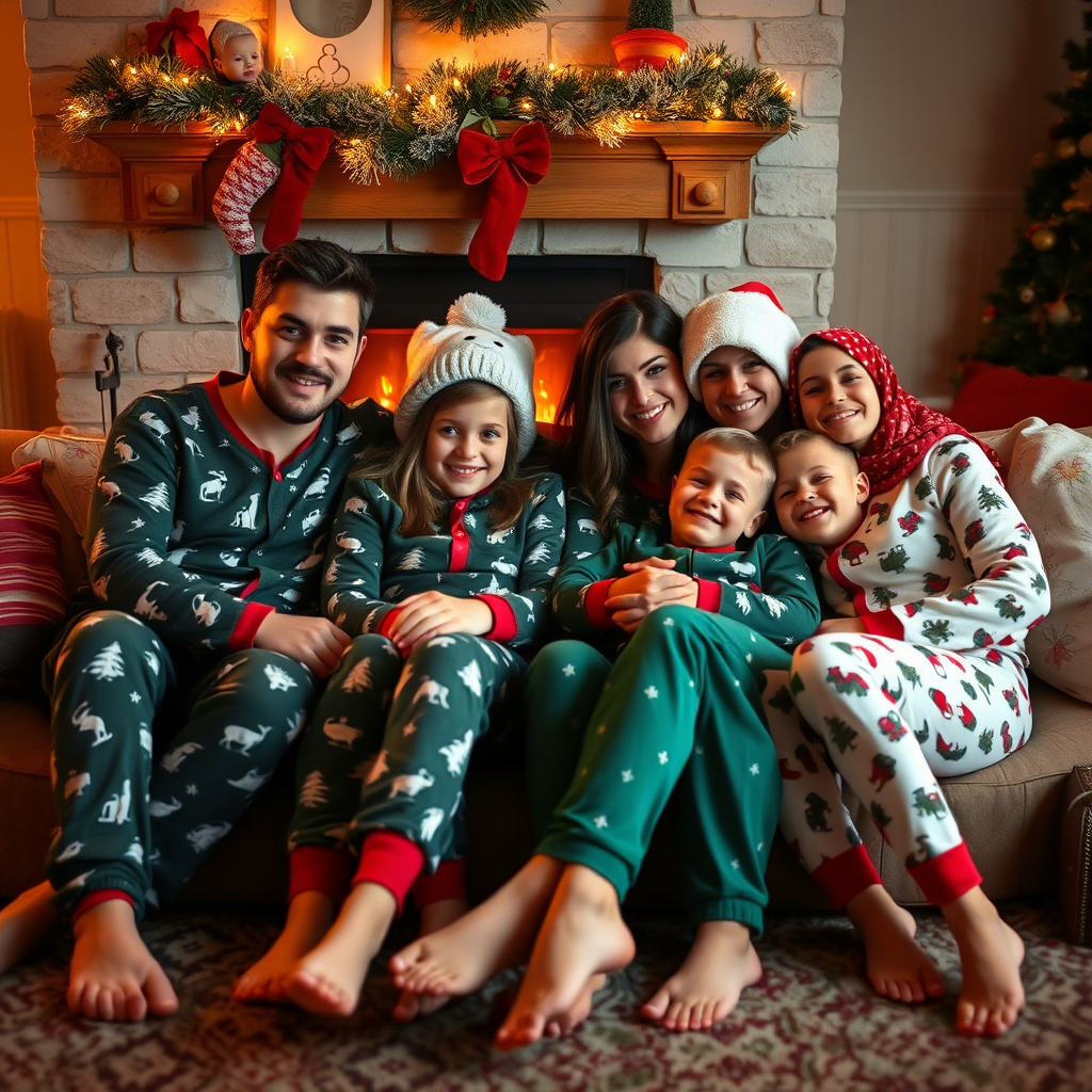 Cozy family in festive PJs snuggled up by the fireplace together