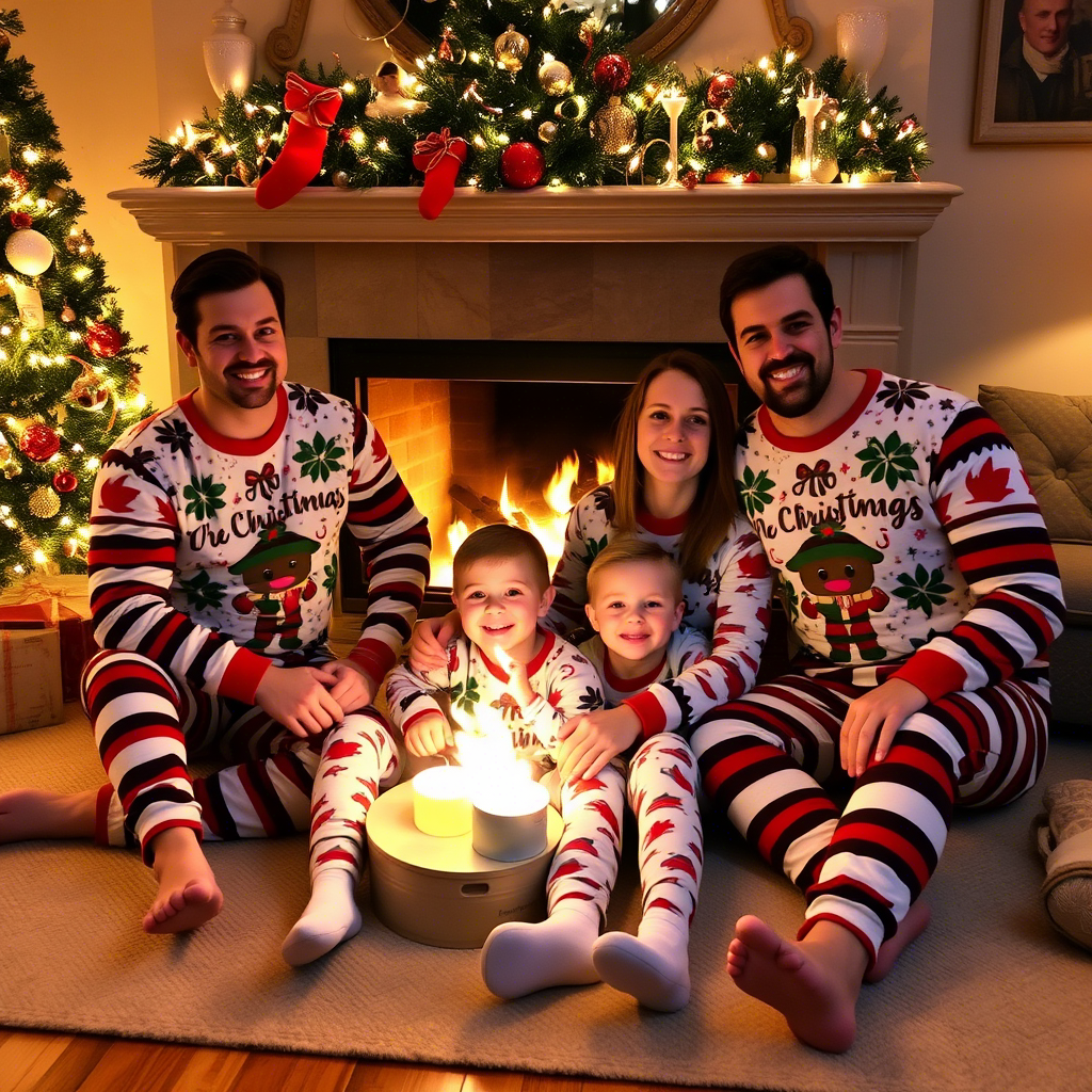 Cozy family in matching Christmas PJs by the fireplace