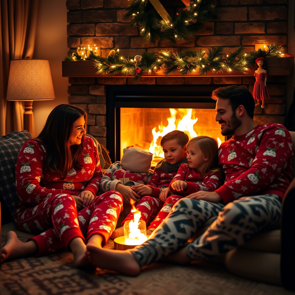 Cozy family in matching Christmas PJs snuggled by fireplace