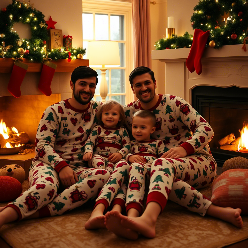 Cozy family in matching Christmas PJs snuggled by the fireplace