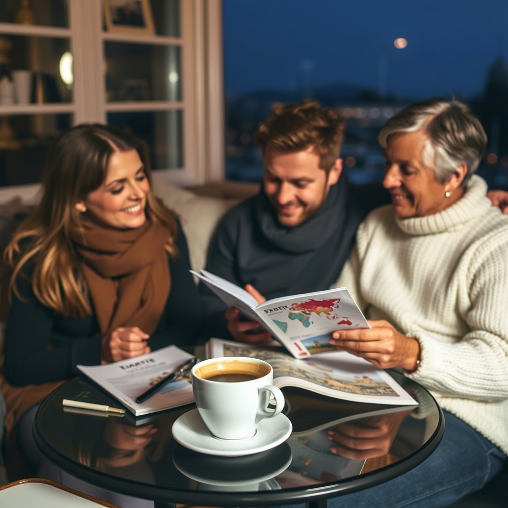 Cozy family moment studying a Europe travel guide with a cup of coffee