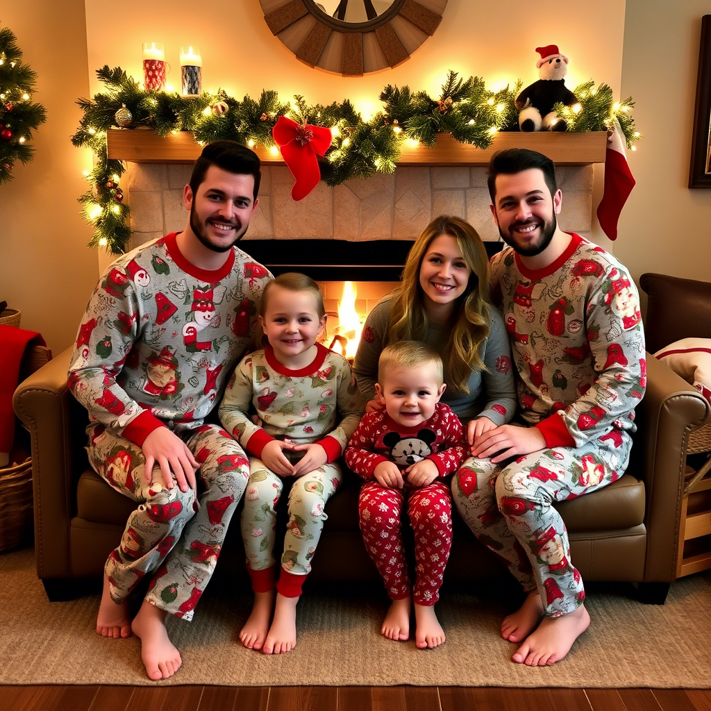 Cozy family photo in matching Christmas pajamas by fireplace