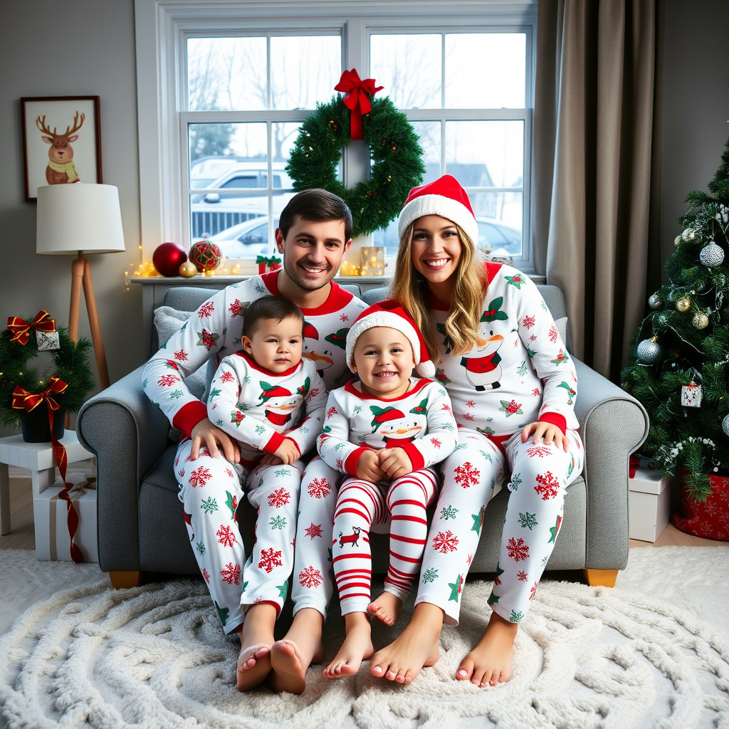 Cozy family photo in matching Christmas pajamas on a winter morning