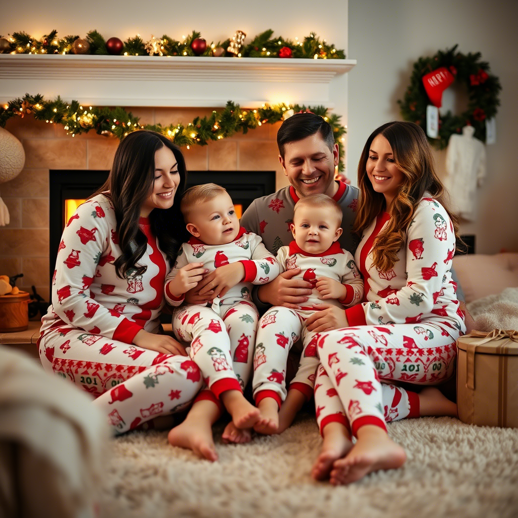 Cozy family photo shoot in matching holiday pajamas by the fireplace